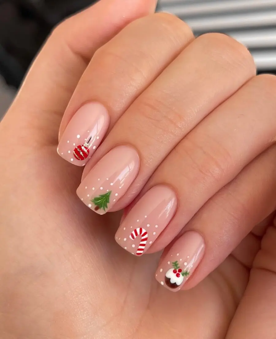 Festive nails with candy canes and Christmas tree