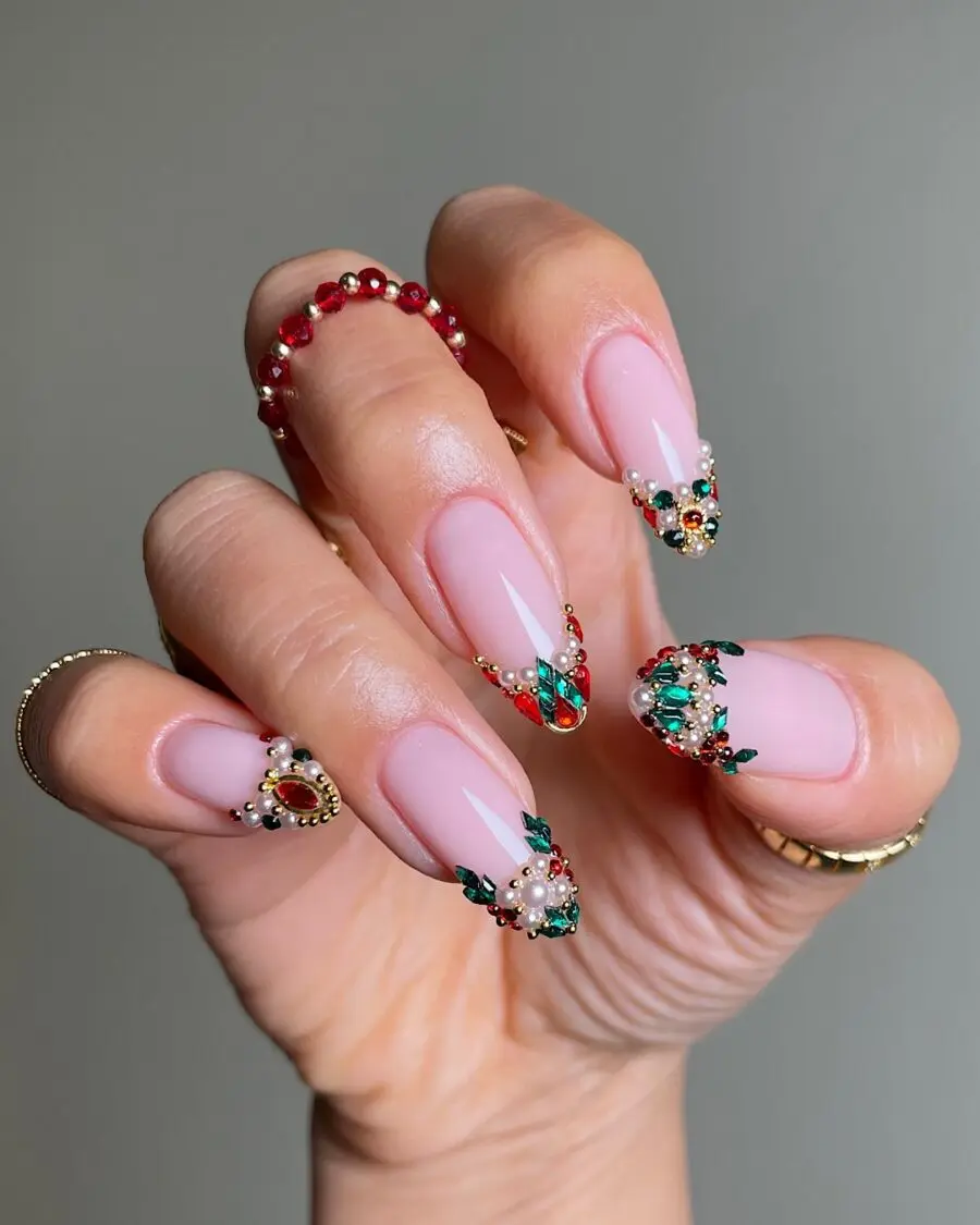 Elegant festive nails adorned with colorful gems