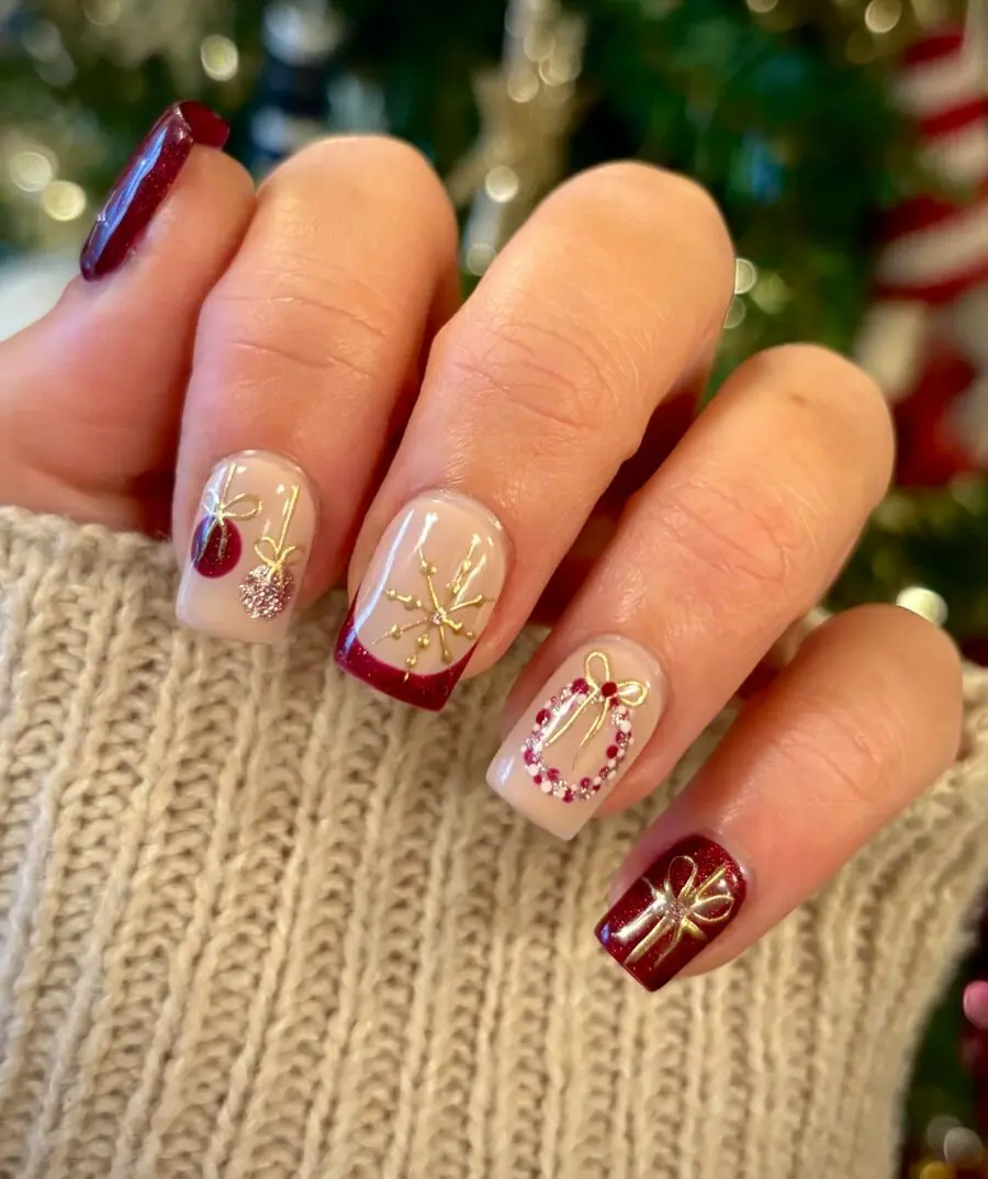 Festive nails adorned with elegant holiday charms