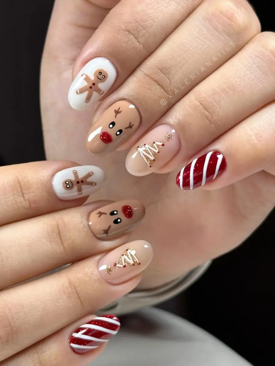 Festive Nails with Reindeer and Gingerbread Men