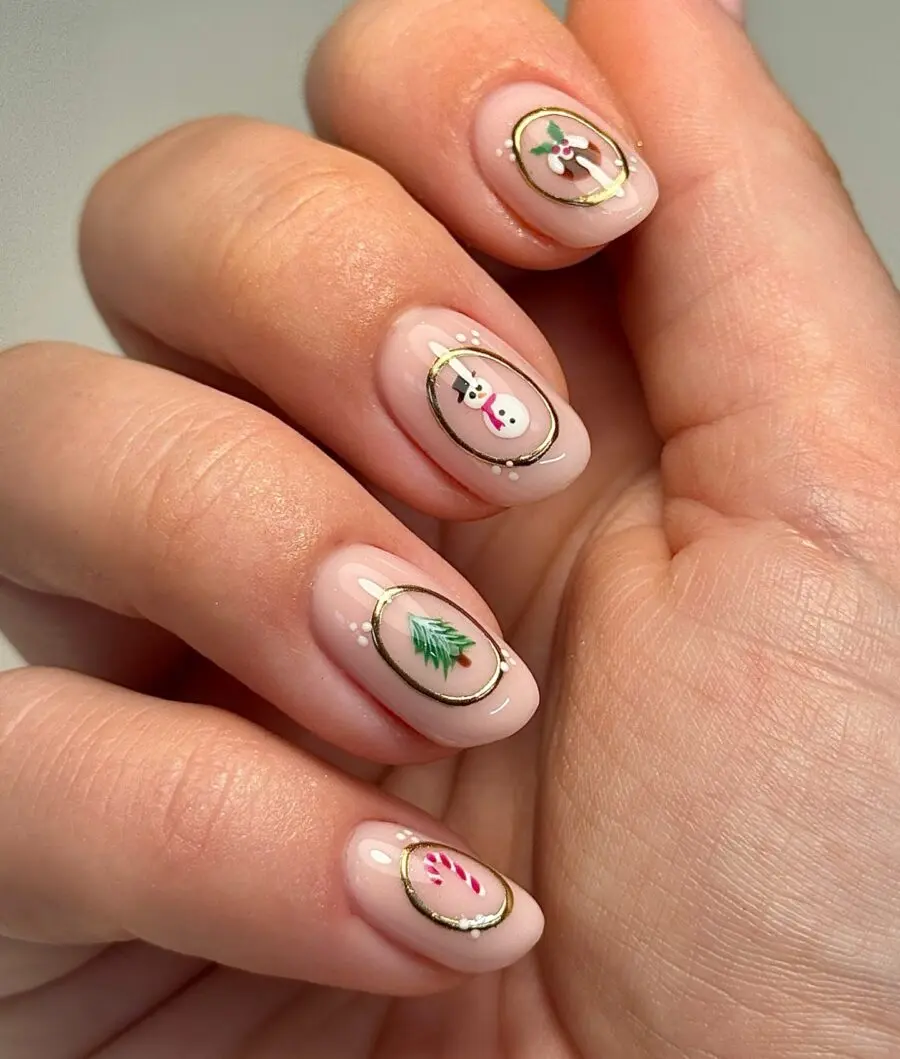Festive snowman and holly nail art design