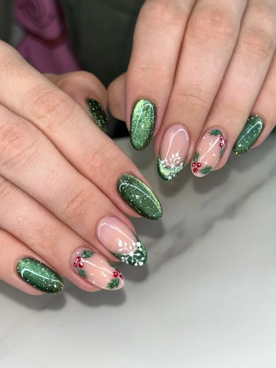 Festive green and glittery holiday nail art