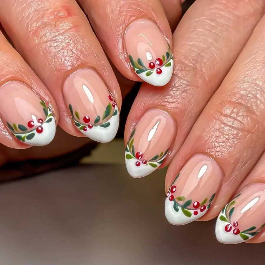 Elegant holiday-themed nail art with greenery