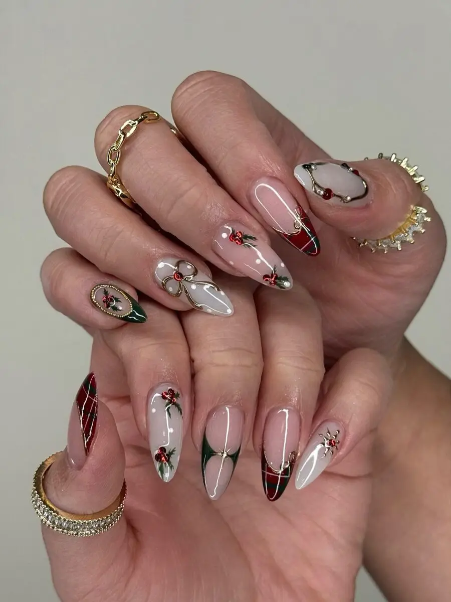 Festive nails with holiday-themed designs and colors