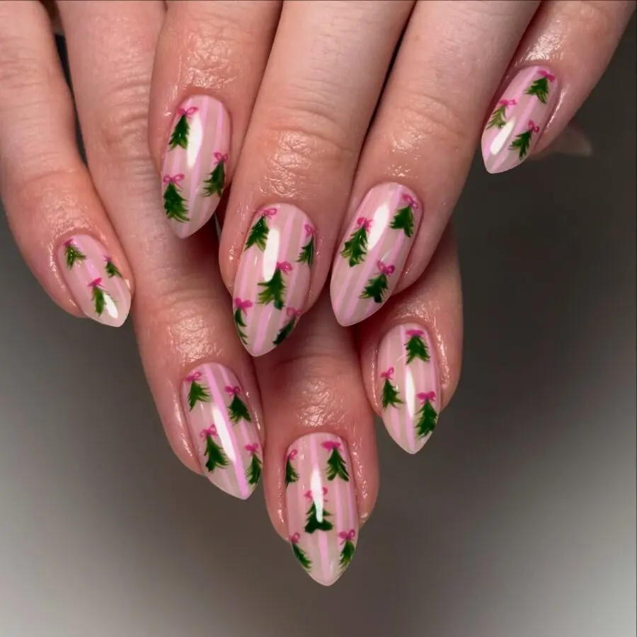 Festive Pink Striped Christmas Tree Nail Art