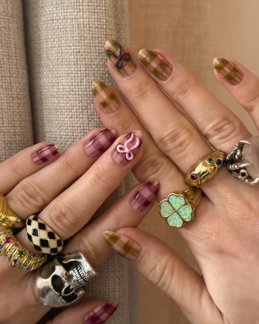 Stylish plaid nails with festive accents