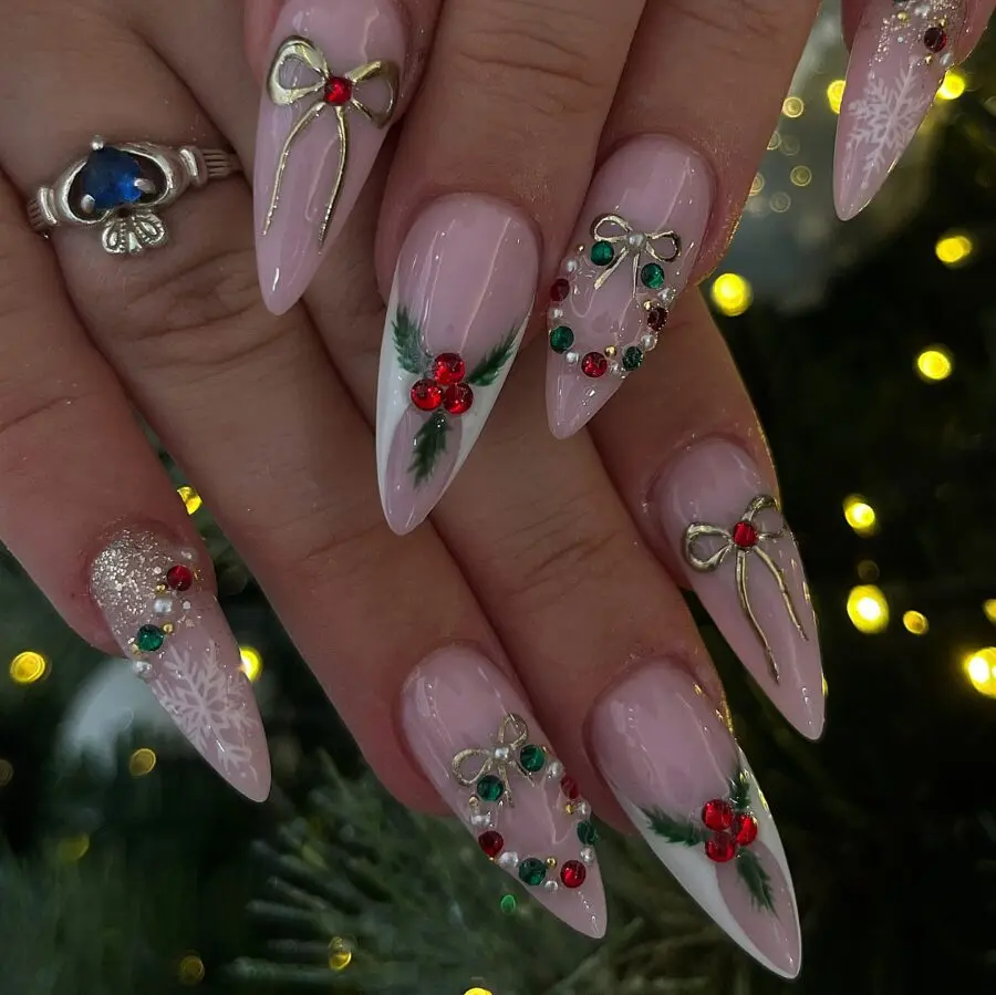 Elegant holiday nails with festive embellishments