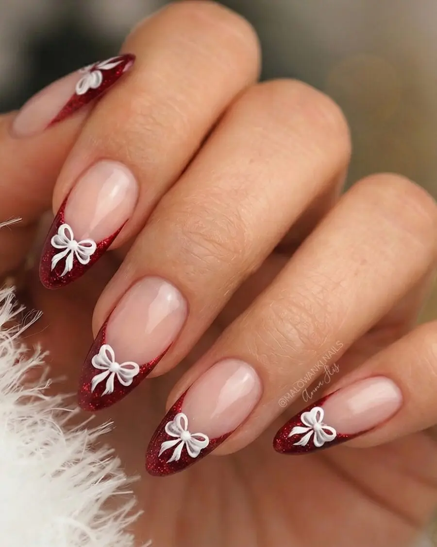 Elegant Christmas Nails with Festive Bows