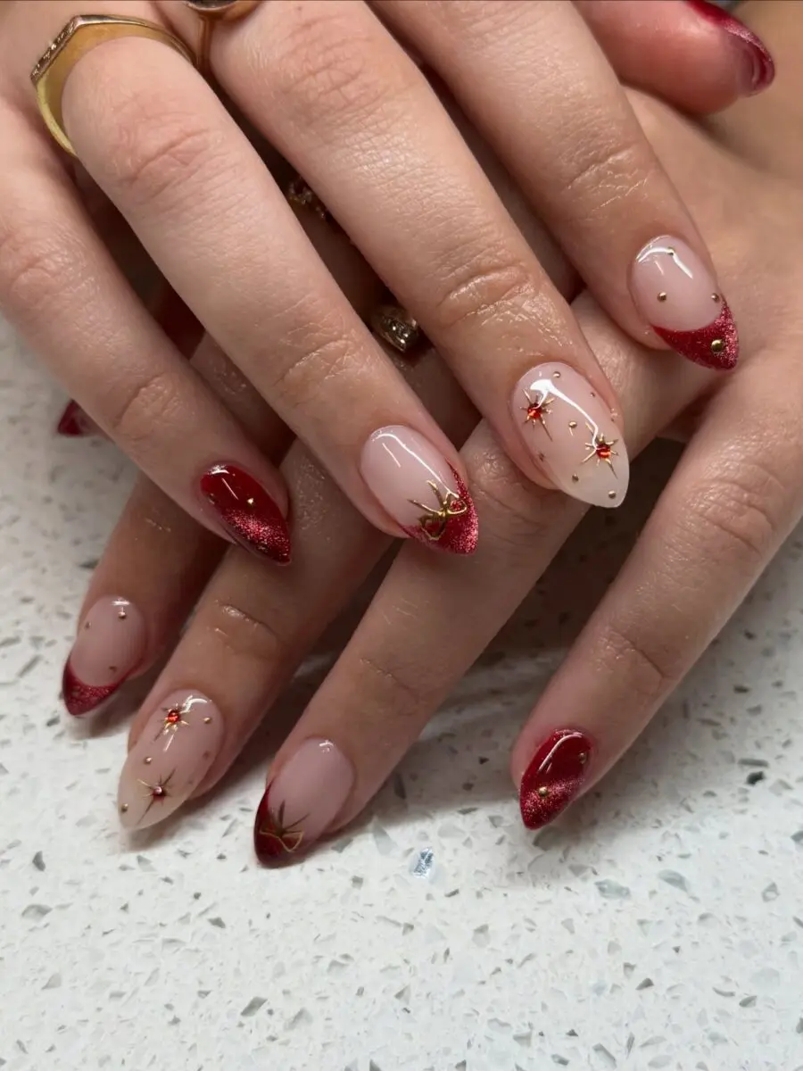 Festive red and glittery holiday nail art