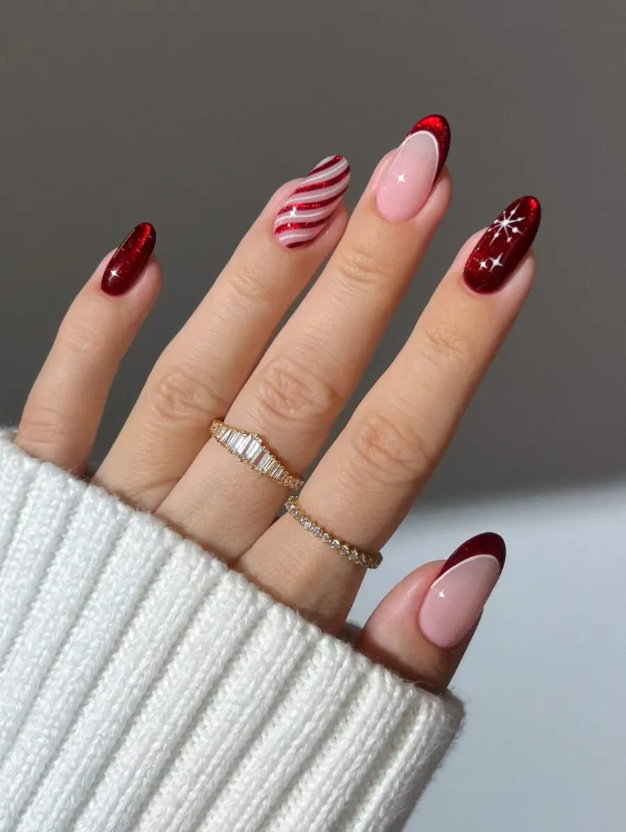 Festive red and pink Christmas nail art