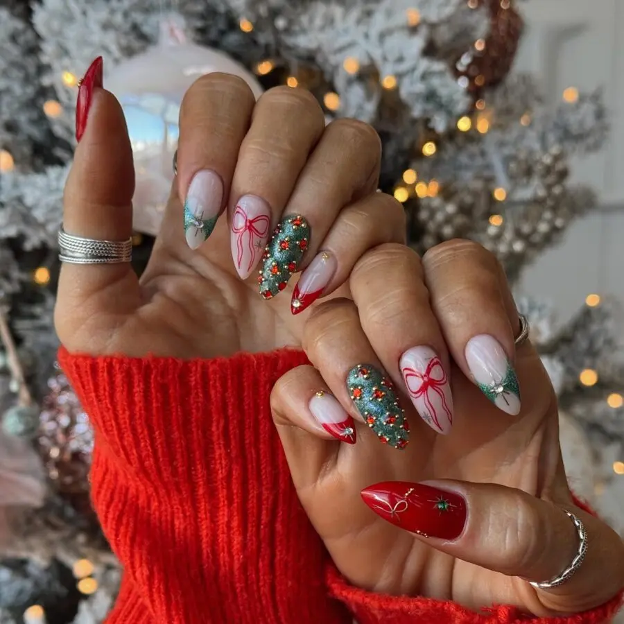 Festive red and green Christmas nail art