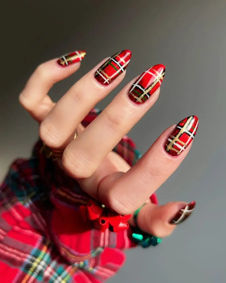 Festive red plaid nails for the holiday season