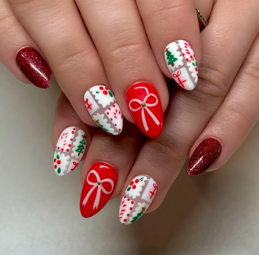 Festive red and white holiday nail art