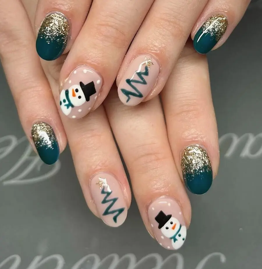 Festive snowman nails with sparkling accents