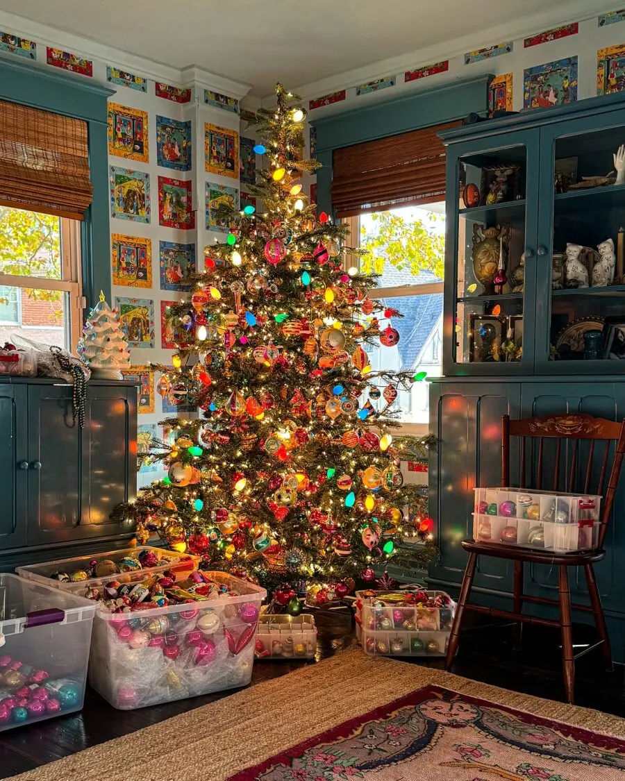 Vibrant Christmas tree filled with colorful ornaments