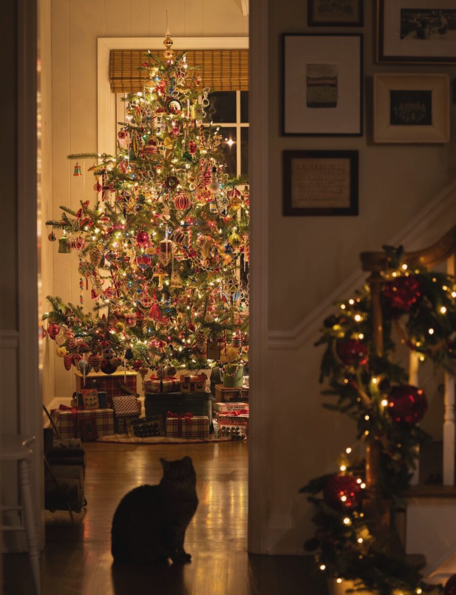 Charming Christmas tree with warm lights and decor