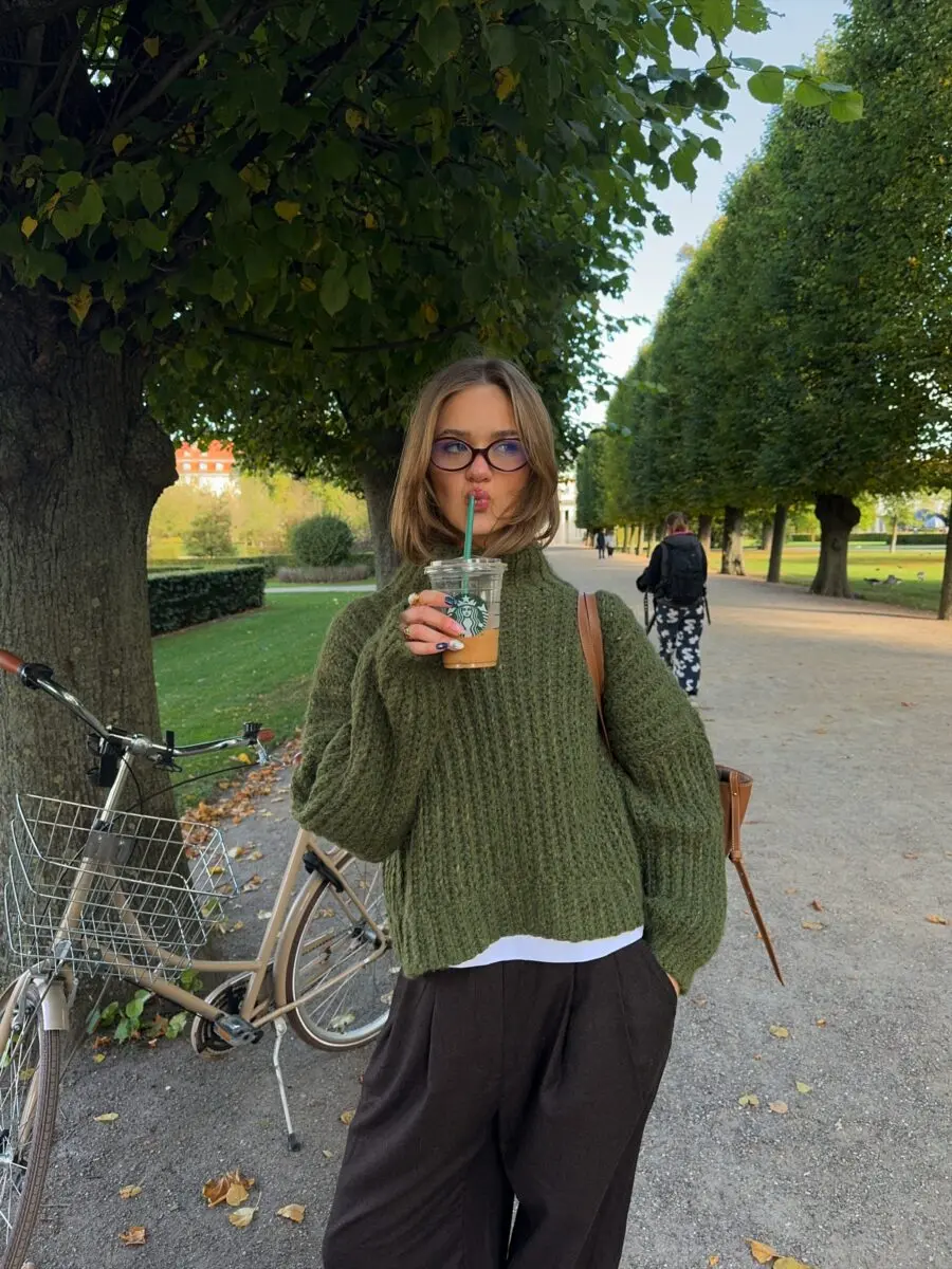 Cozy green sweater paired with relaxed pants