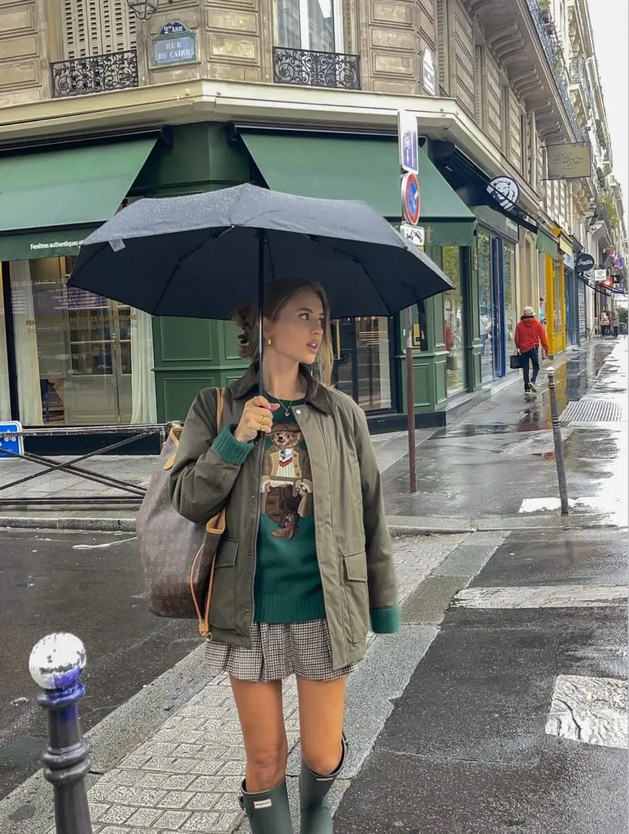 Chic rainy day outfit with stylish accessories