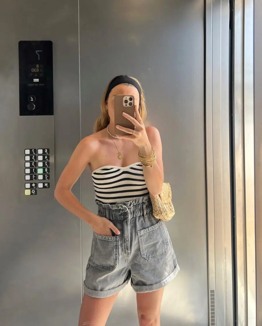 Chic Striped Top Paired with Denim Shorts