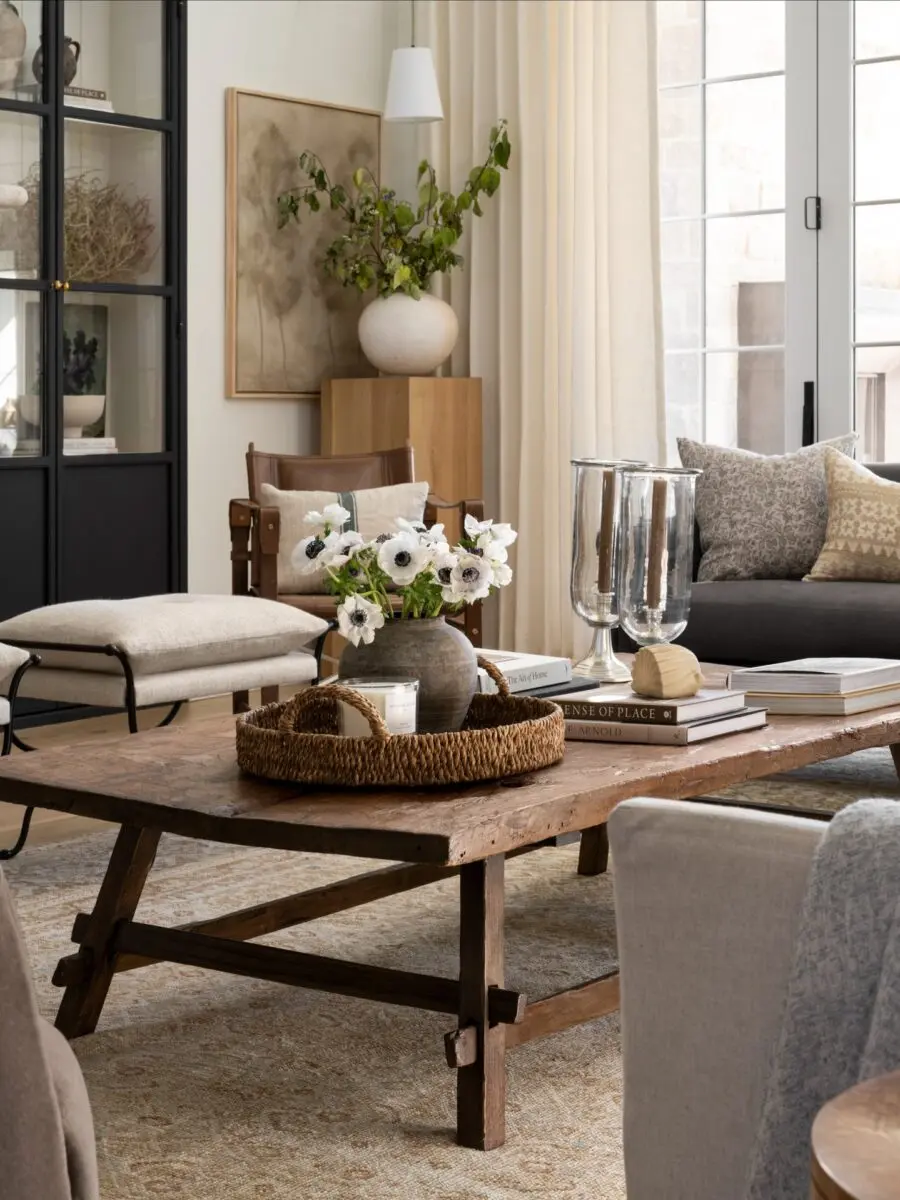 Chic rustic coffee table styling with fresh blooms