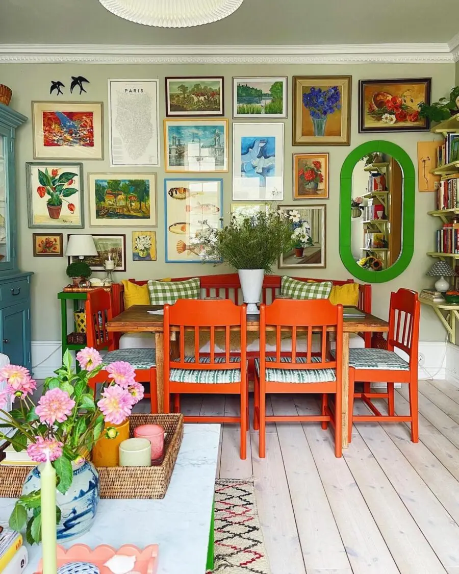 Vibrant dining room filled with eclectic art