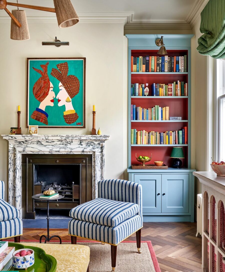 Charming fireplace with vibrant bookshelves design