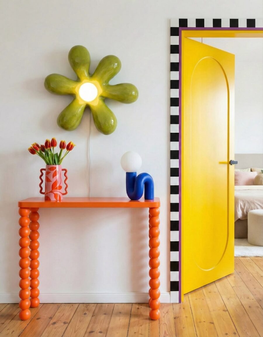 Vibrant console table with playful floral lamp