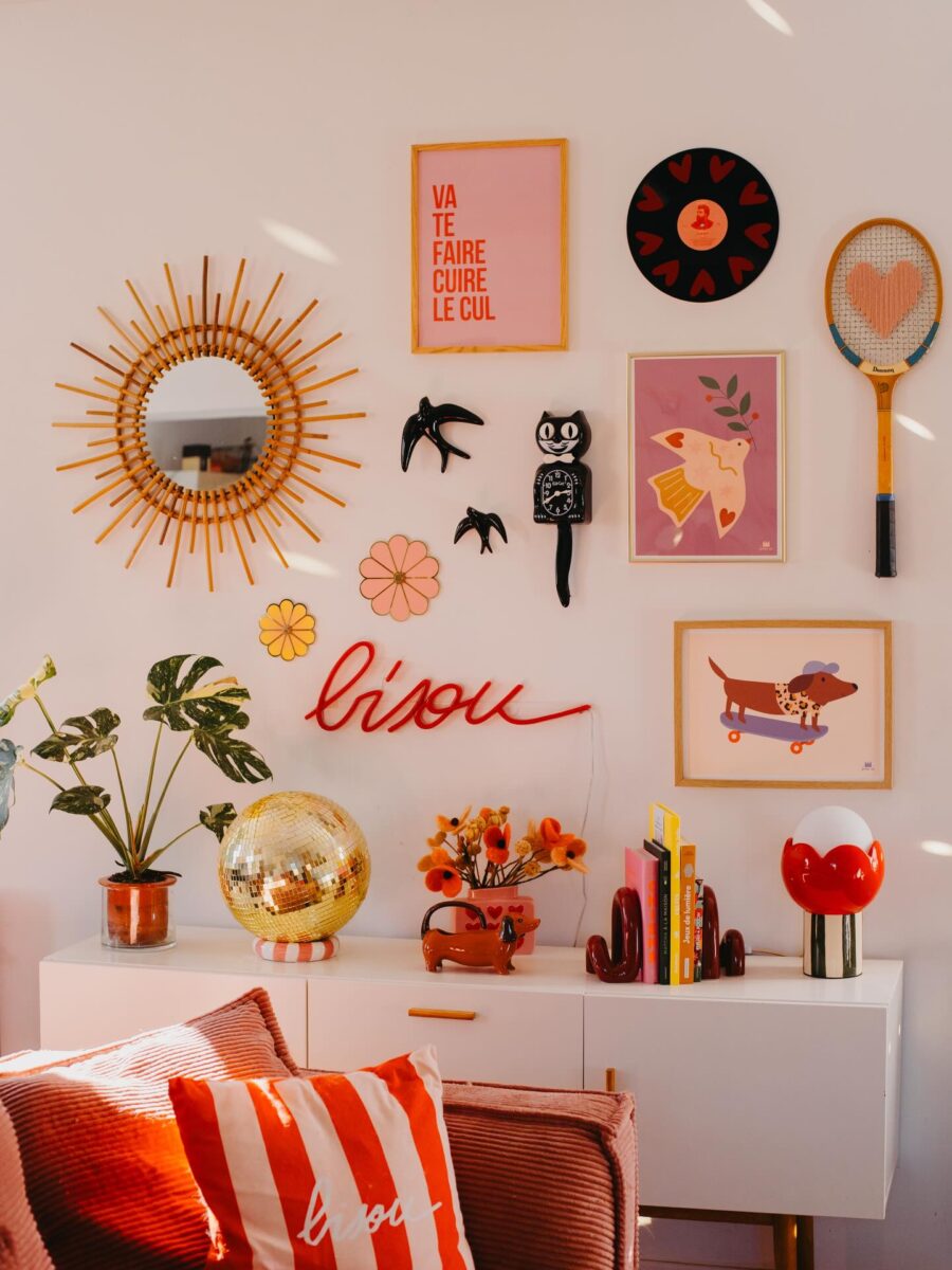 Eclectic wall display radiating joy and charm