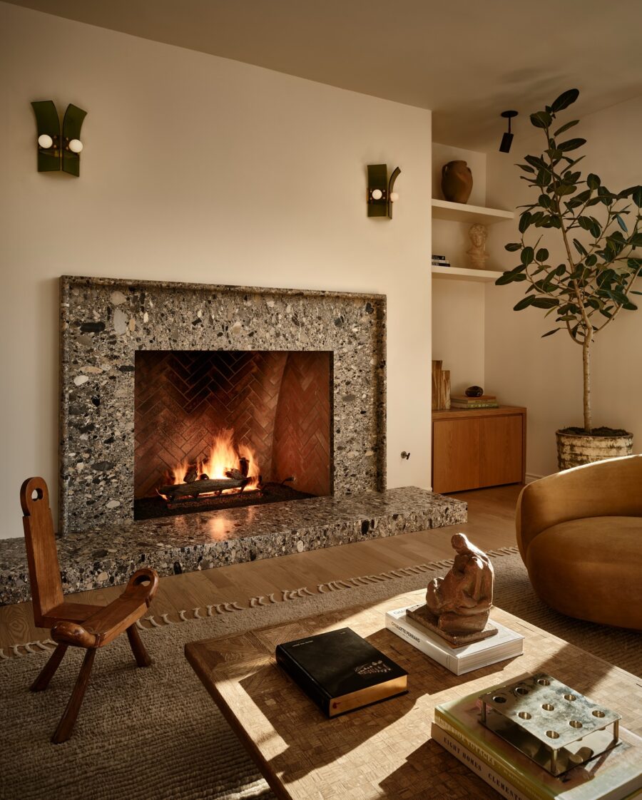 Modern fireplace with earthy textures and tones