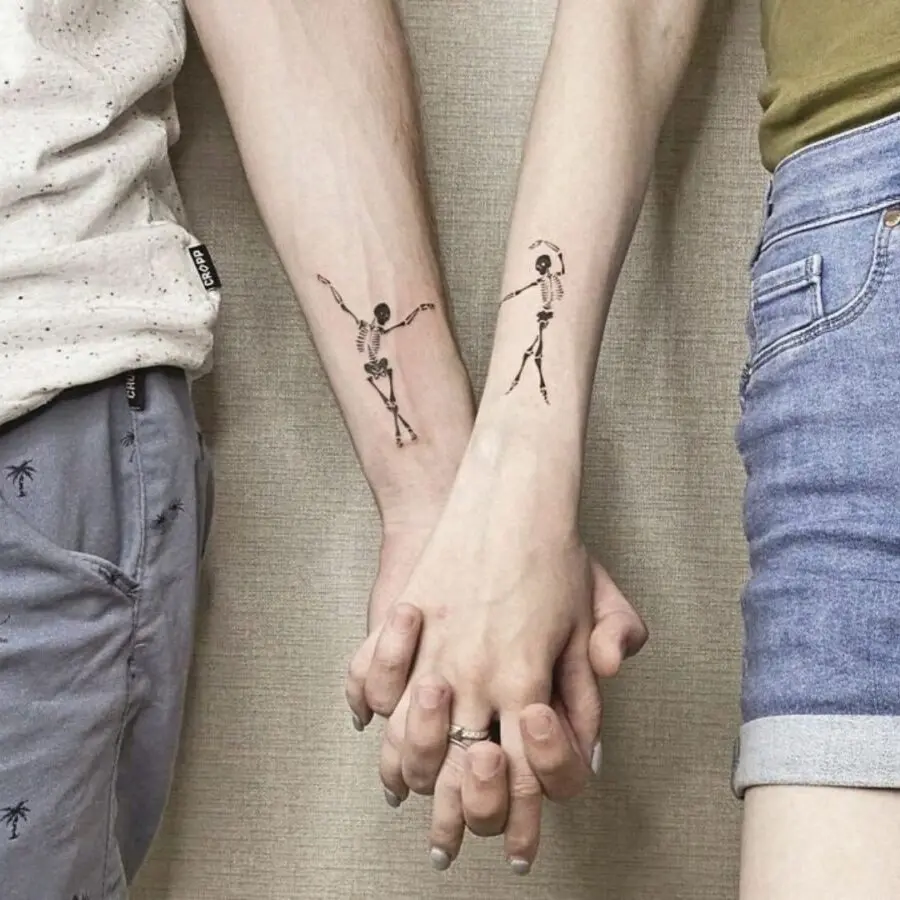 Whimsical skeleton designs for couples.
