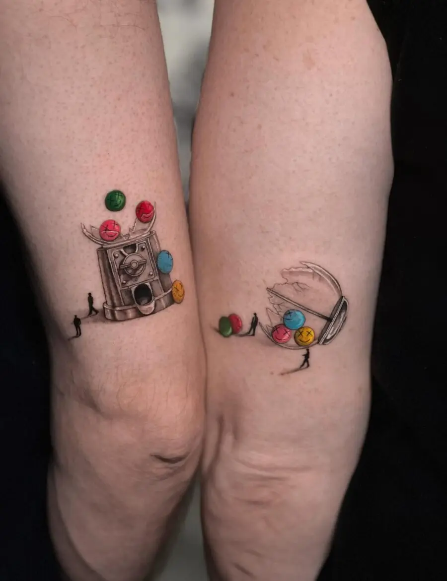 Colorful couple tattoos featuring playful elements