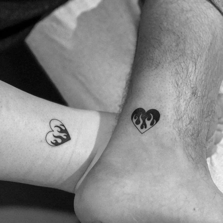 Flame-Embellished Heart Tattoos for Couples
