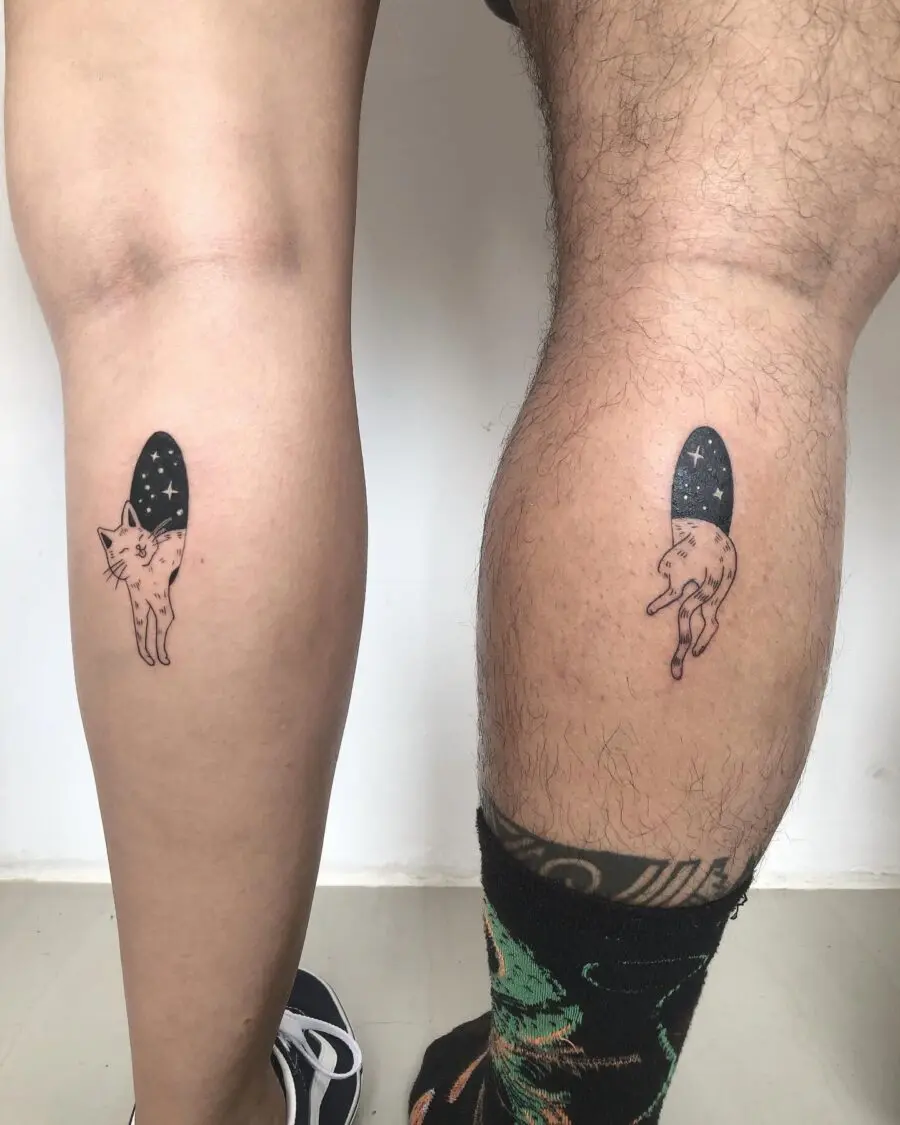 Adorable cosmic couple tattoos featuring pets