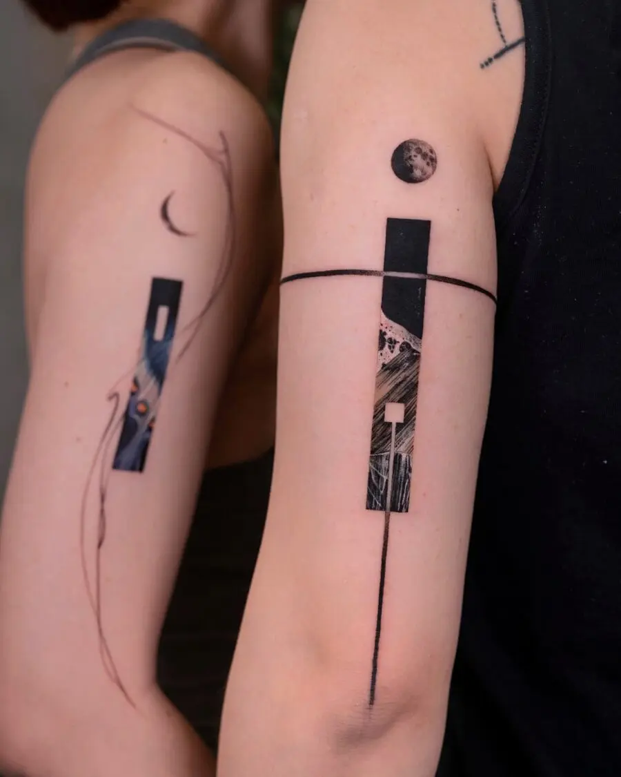 Unique couple tattoos embodying cosmic connection