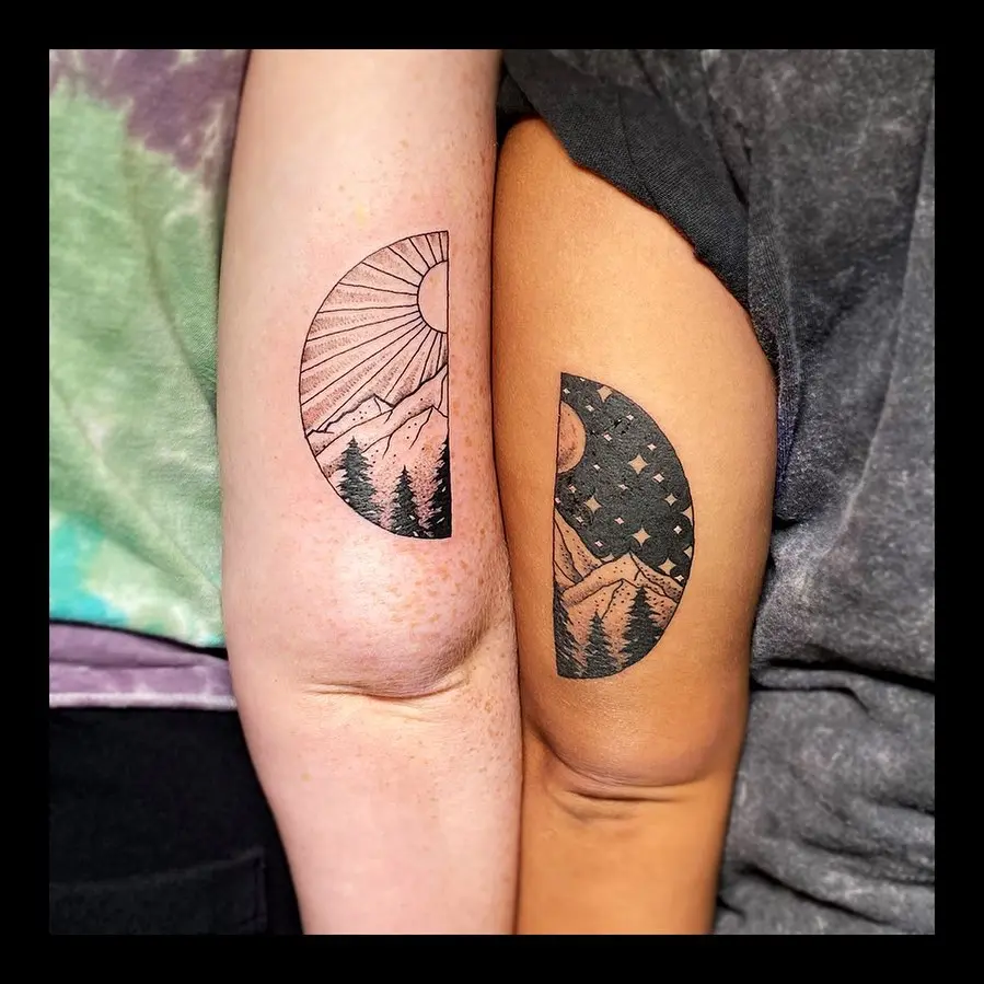 Symbolic mountain and celestial tattoos for couples