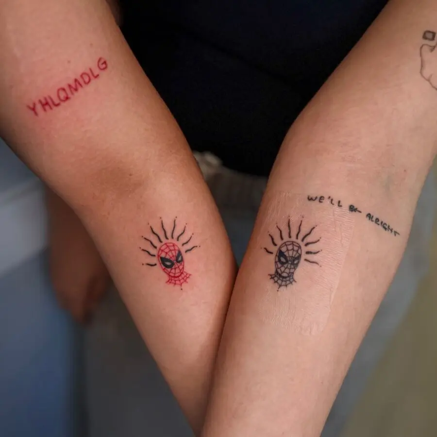 Unique spider web couple tattoos with uplifting vibes