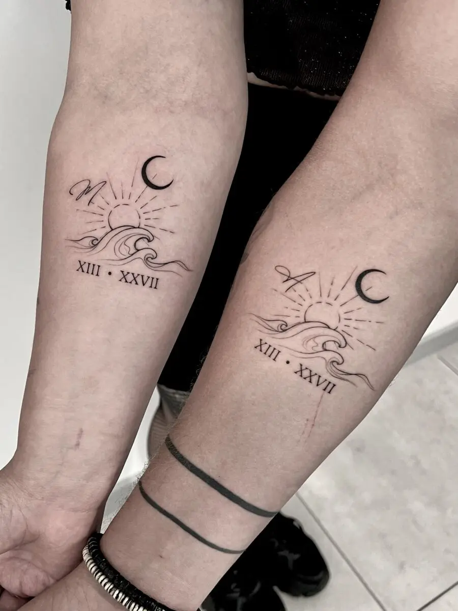 Matching sun and moon couple tattoos concept