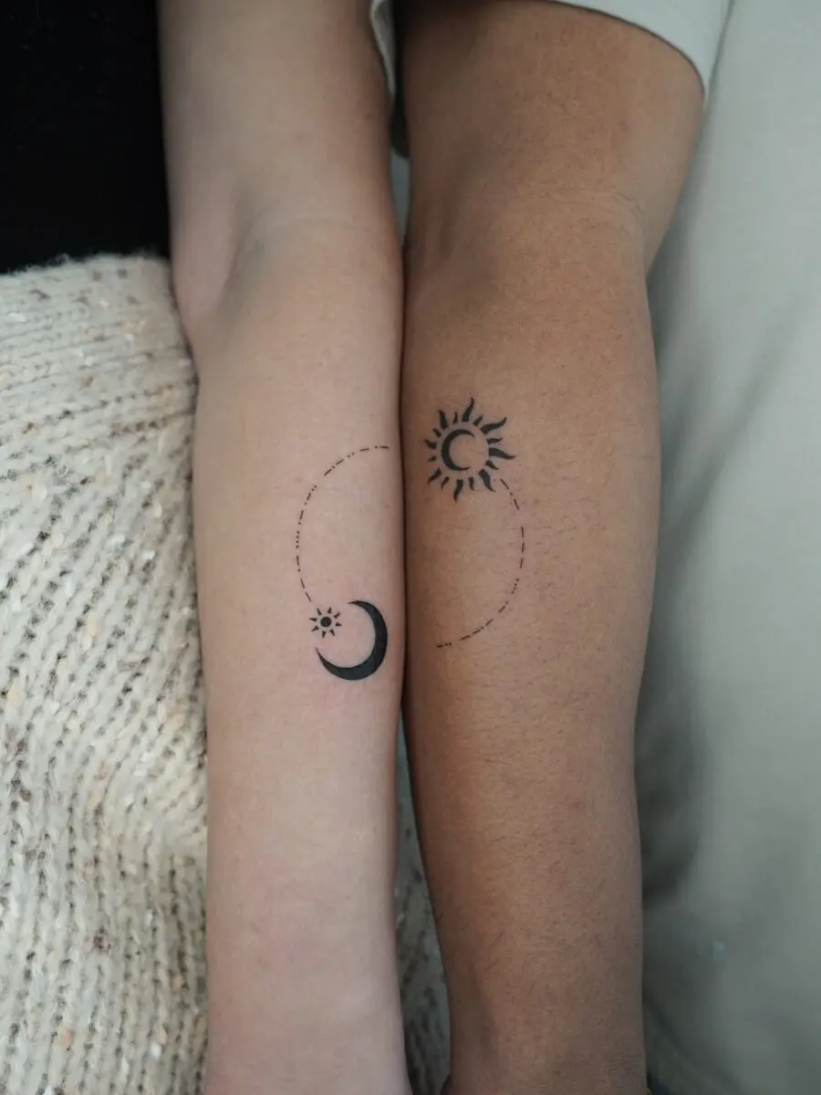 Harmony of sun and moon couple tattoos