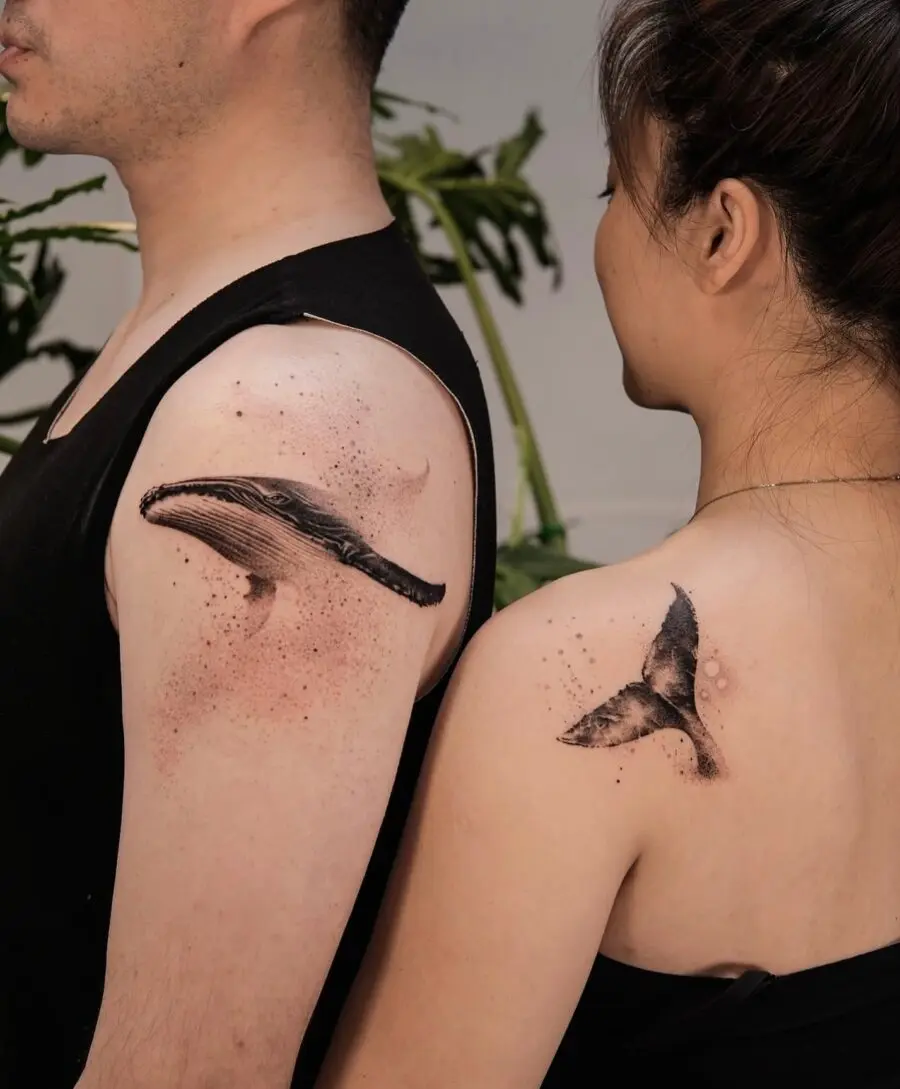 Beautiful couple tattoos of marine life