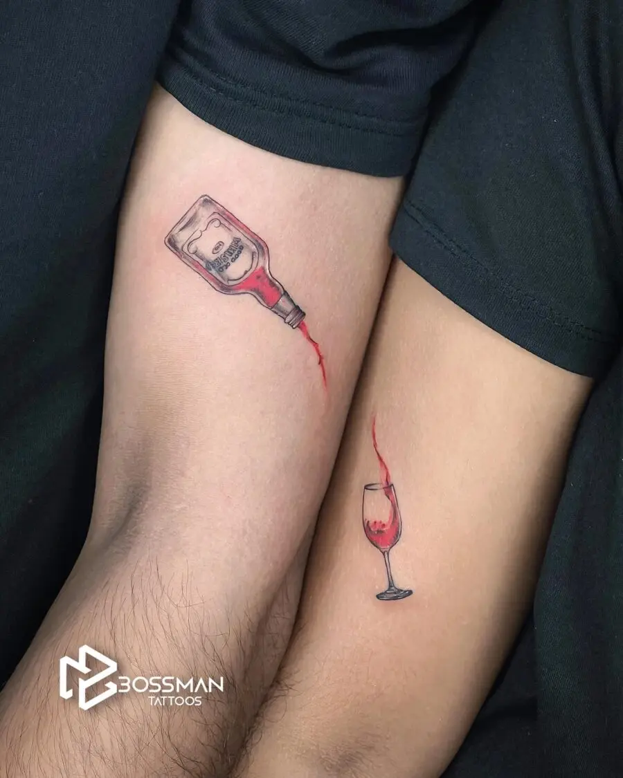 Whimsical couple tattoos, wine-themed designs