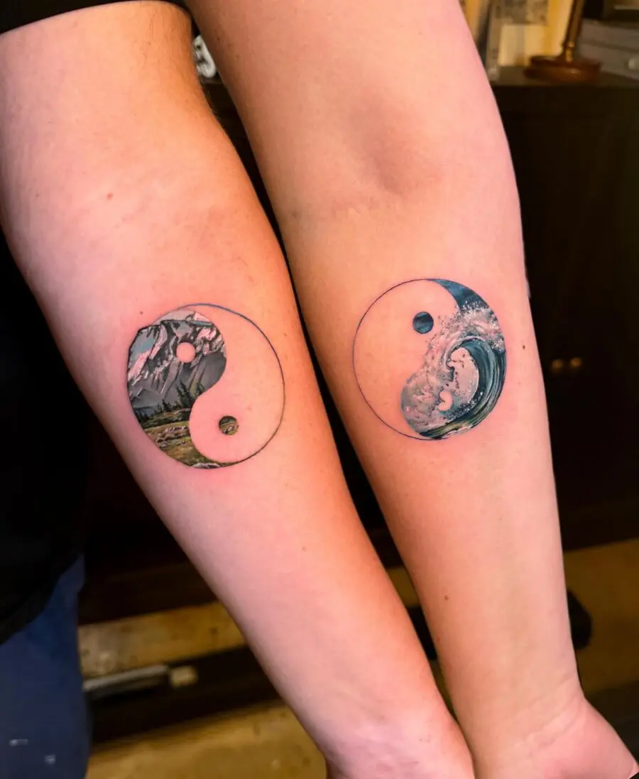 Symbolic yin-yang tattoos with nature themes