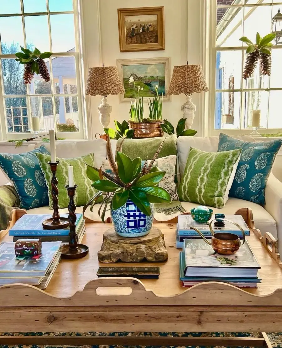 Charming coffee table arrangement with vibrant greenery