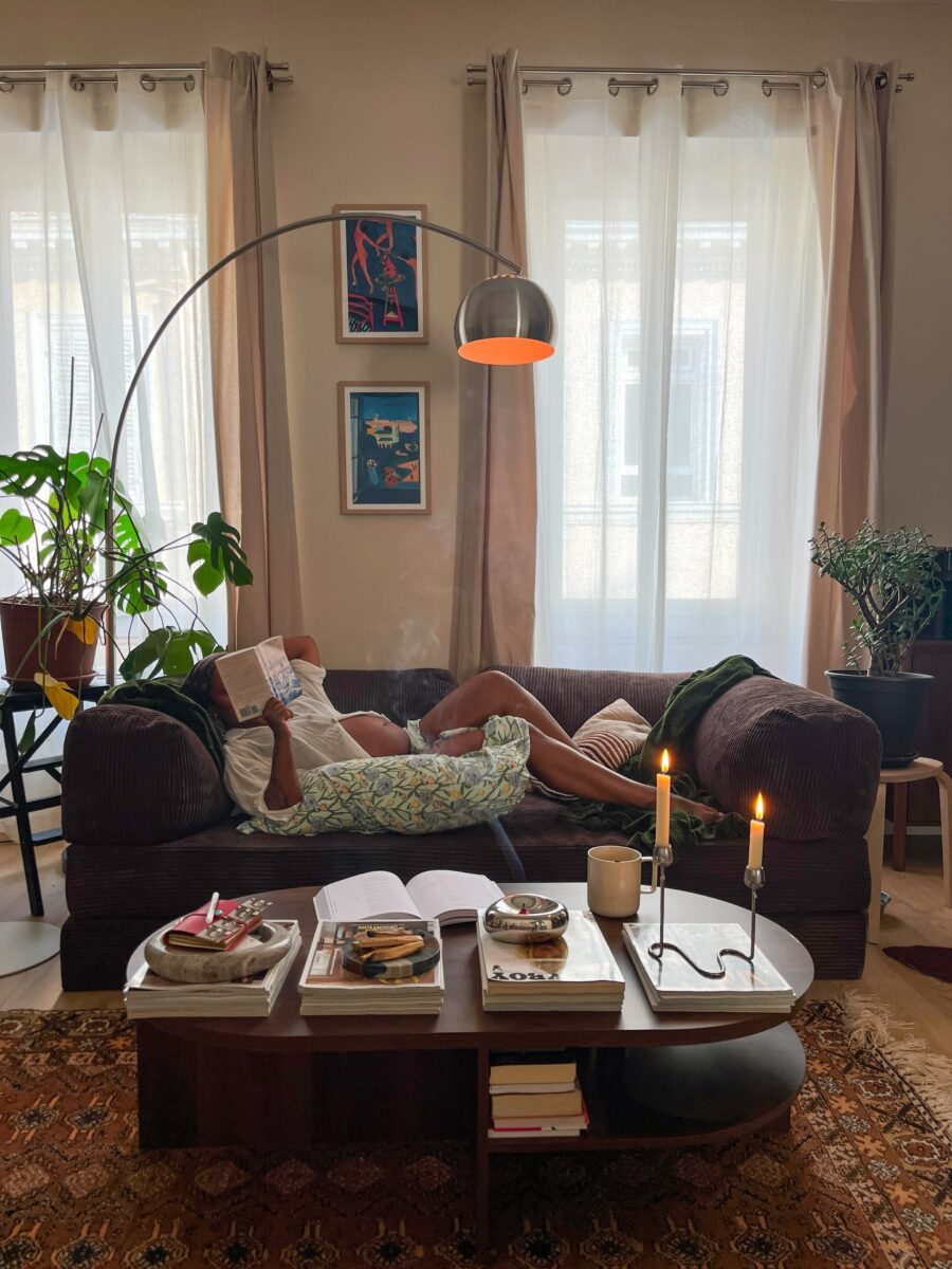 Modern cozy living room with reading corner