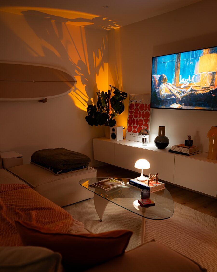 Cozy modern living room with ambient lighting