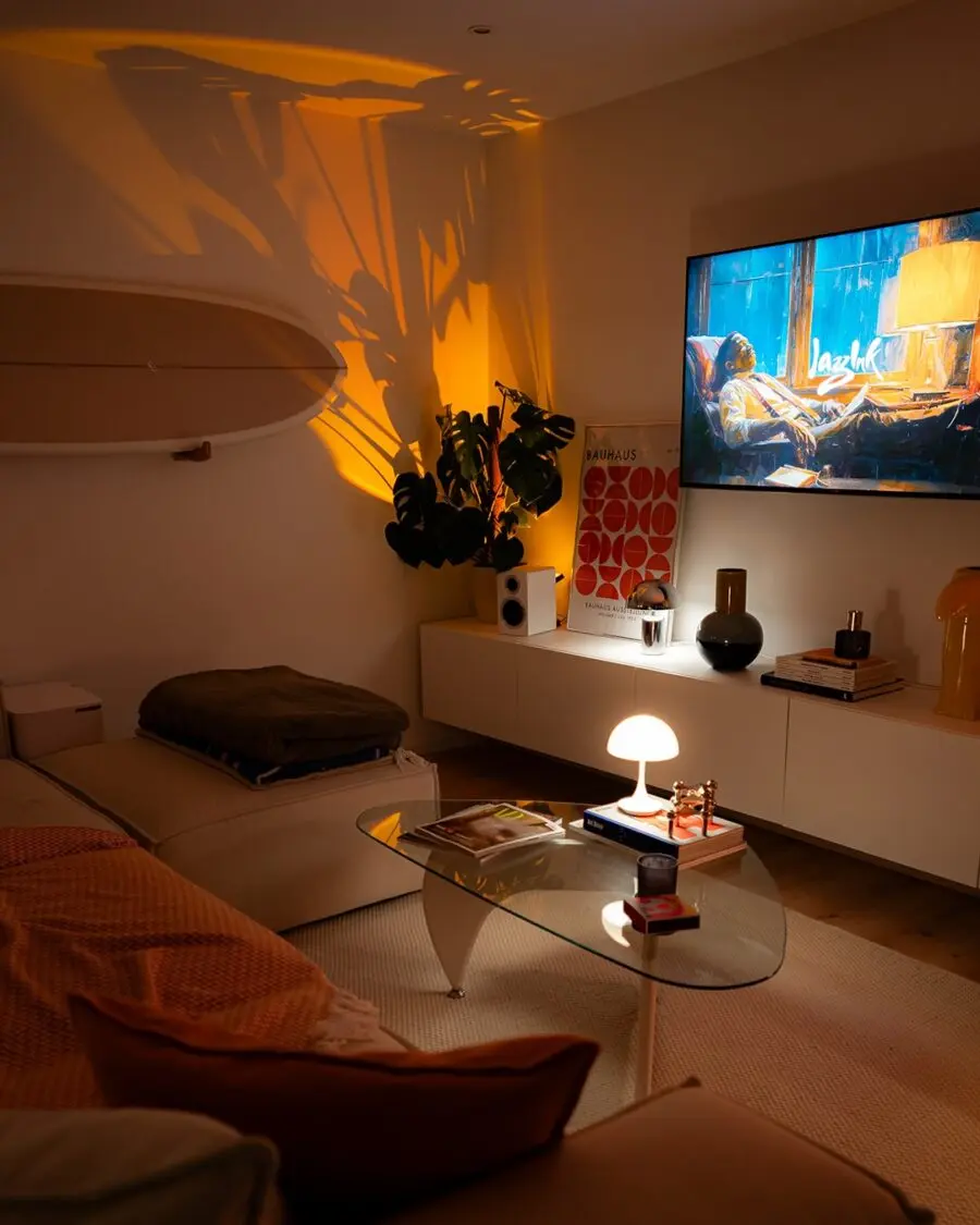Cozy modern living room with ambient lighting