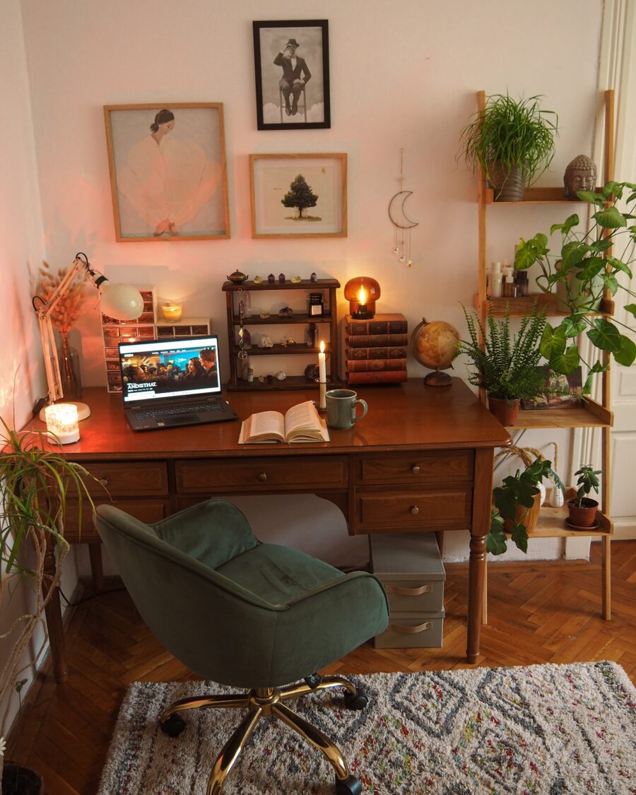 Charming study desk adorned with greenery and art