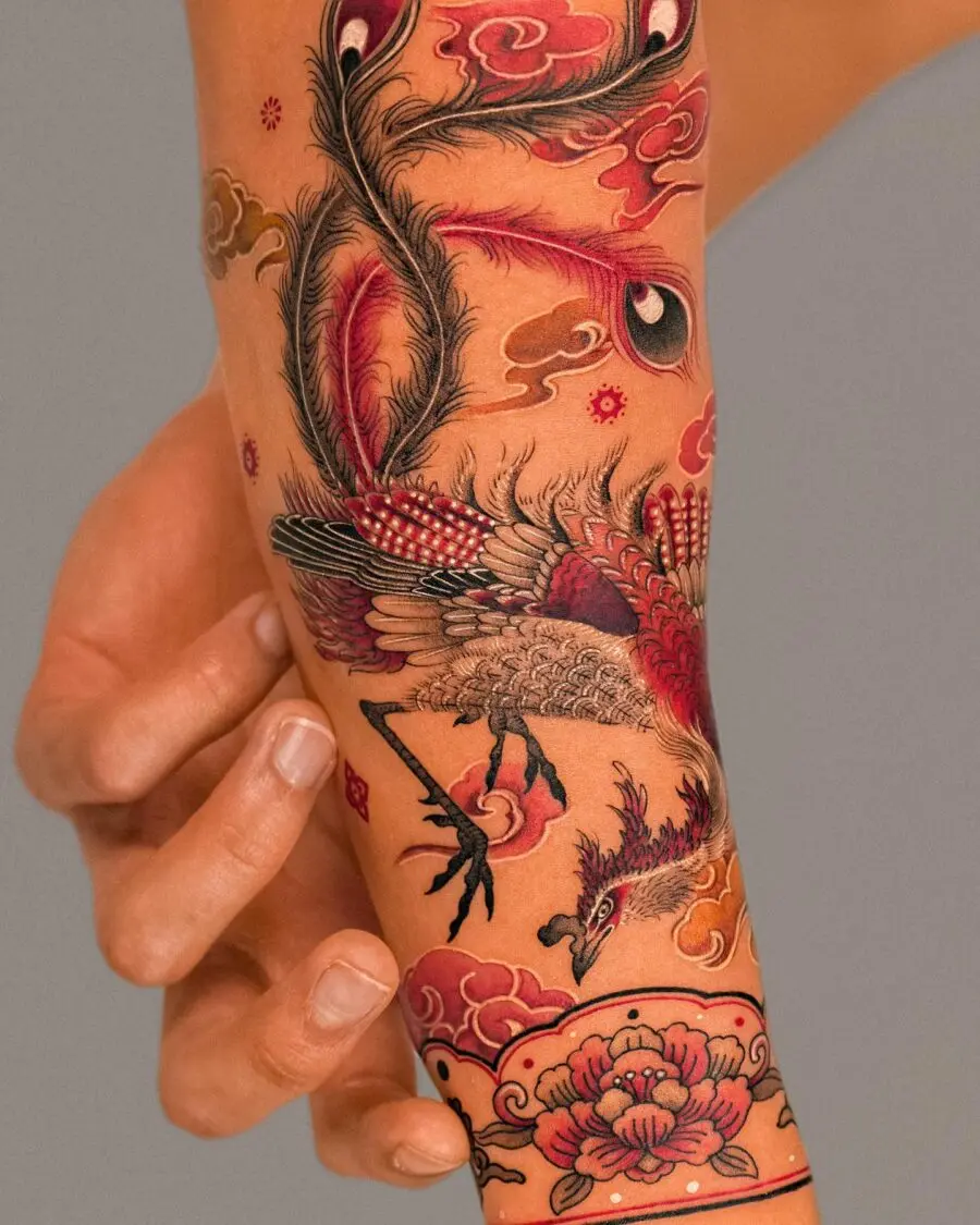 Vivid red ink crane tattoo design display