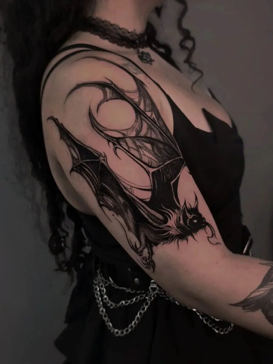 Mystical bat and spider web tattoo art