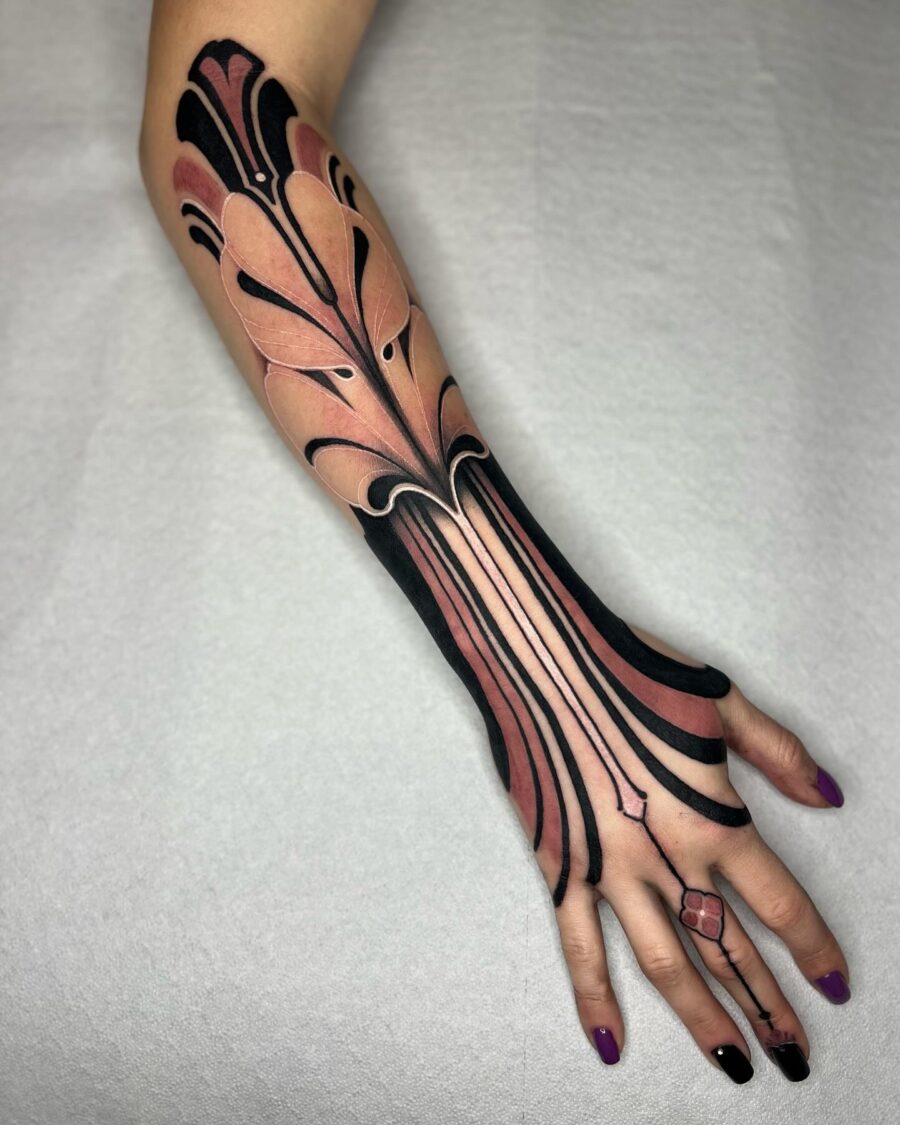 Elegant floral design adorns the arm