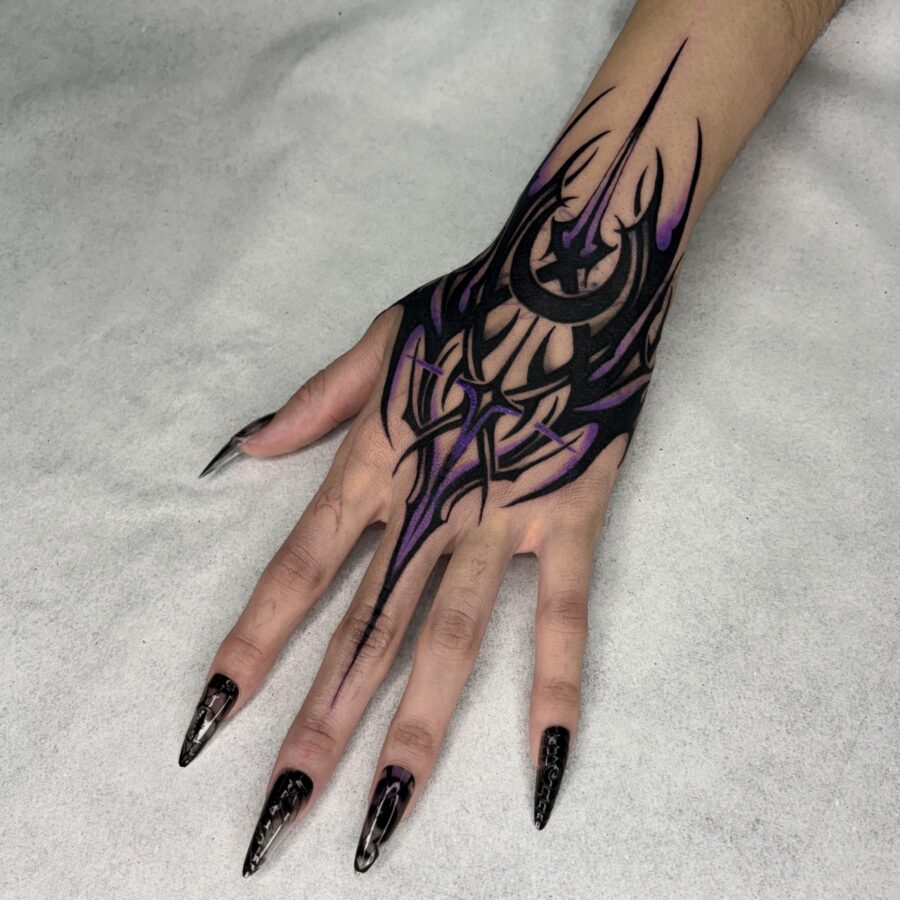 Intricate dark feminine hand tattoo design